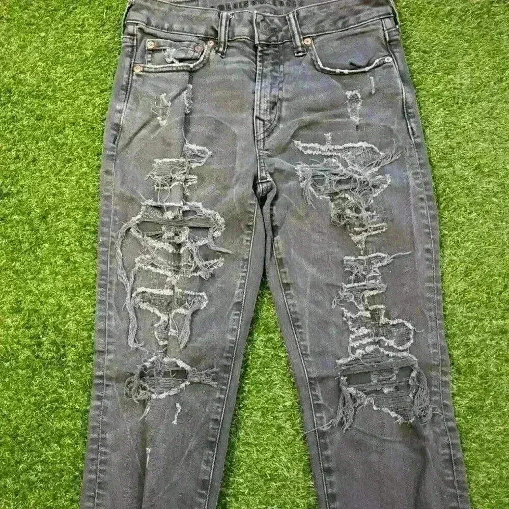 American Eagle Jeans Mens 28X28 Black Distressed Skinny Airflex+ Stretch 4445 - Picture 3 of 11